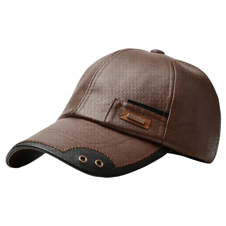 Men's Faux Leather Baseball Cap with Curved Brim and Six-Panel Stitching