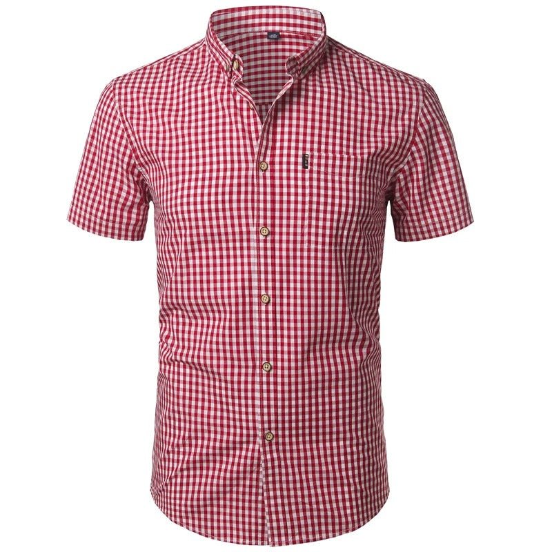 Men's short-sleeved checked shirt with button placket