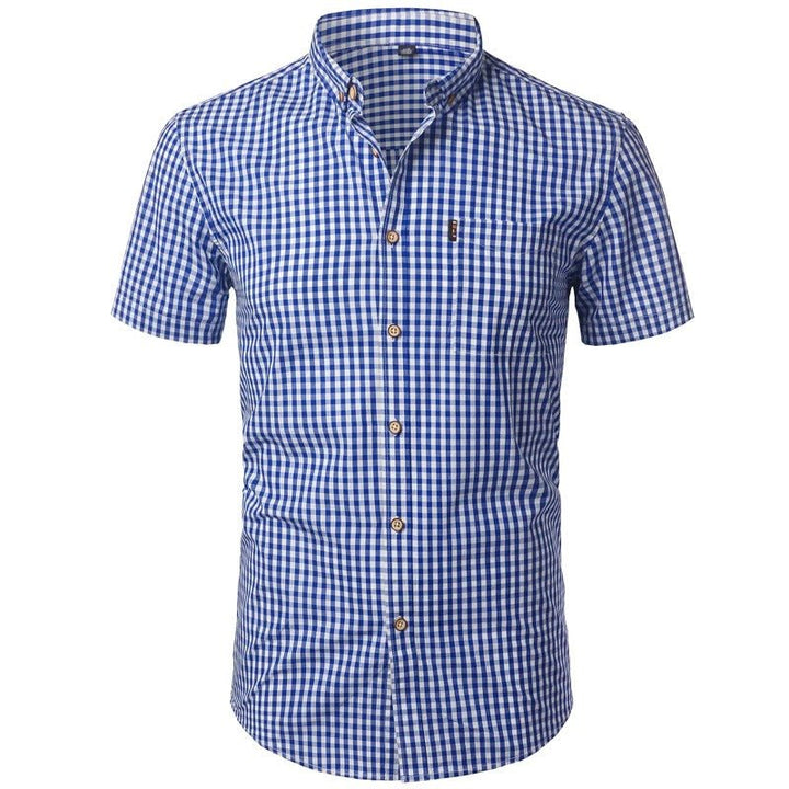 Men's short-sleeved checked shirt with button placket