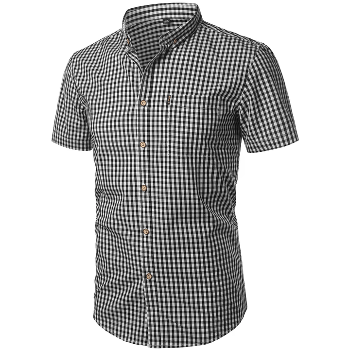 Men's short-sleeved checked shirt with button placket