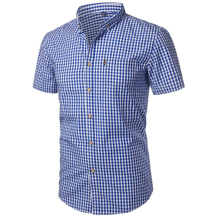 Men's short-sleeved checked shirt with button placket