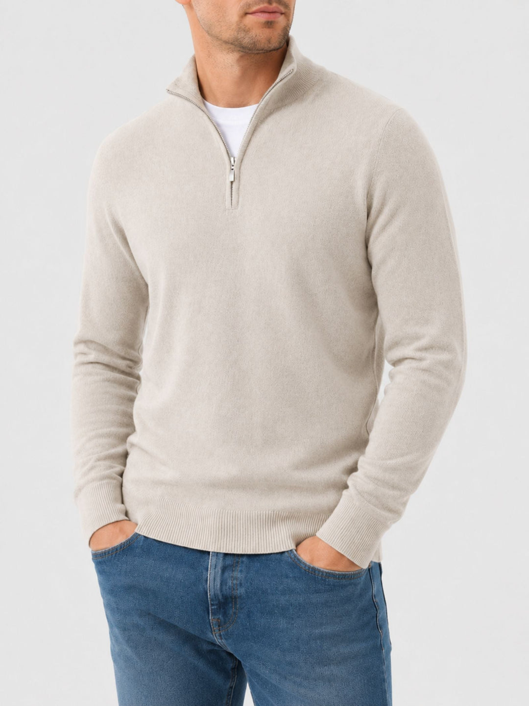 Men's Merino Wool Jumper with V-Neck and Zip Detail
