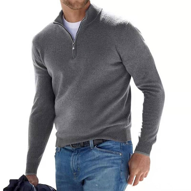 Men's Merino Wool Jumper with V-Neck and Zip Detail