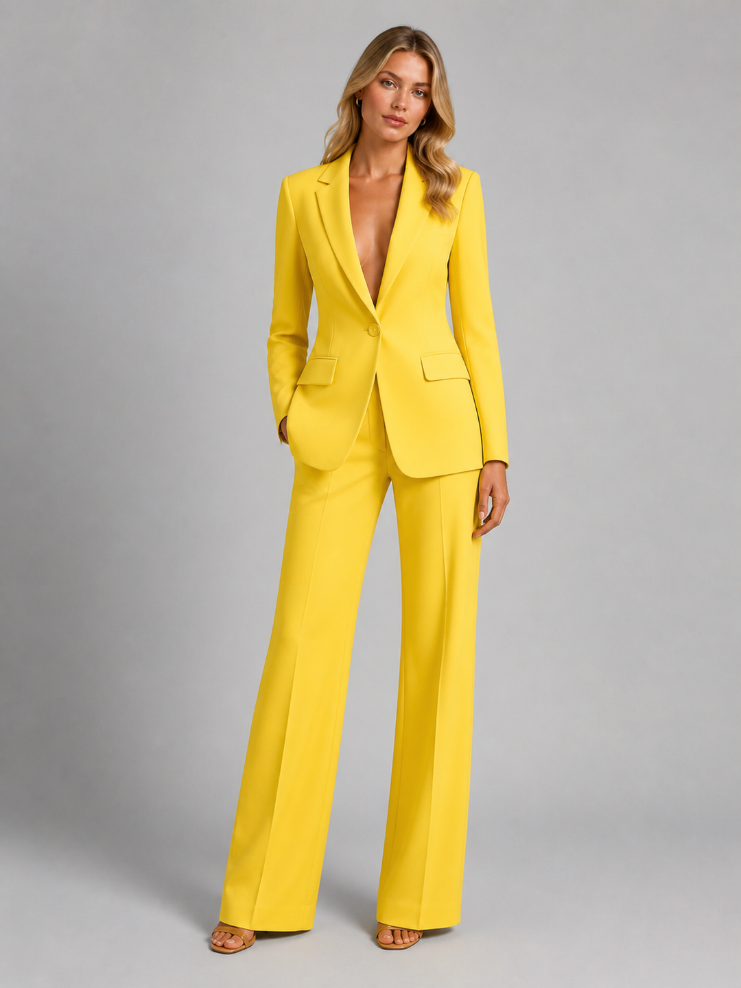 Women's Two-Piece Trouser Suit with Blazer and Wide-Leg Trousers.