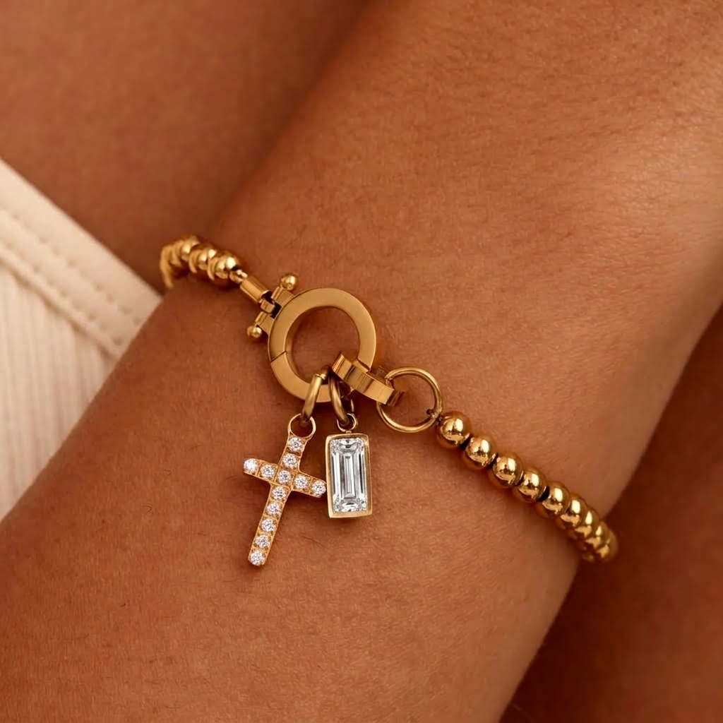 Nova Bead Birthstone Bracelet with Cross Pendant