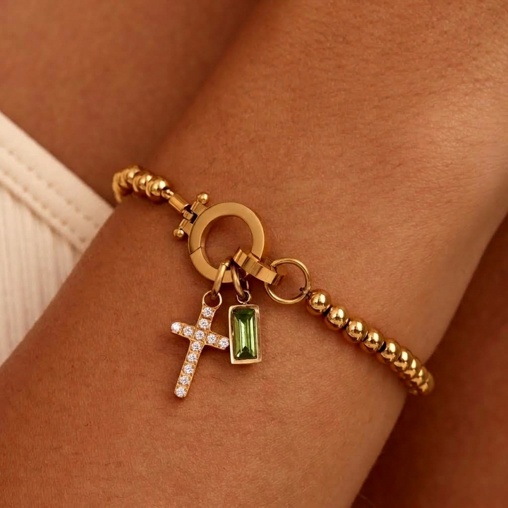 Nova Bead Birthstone Bracelet with Cross Pendant