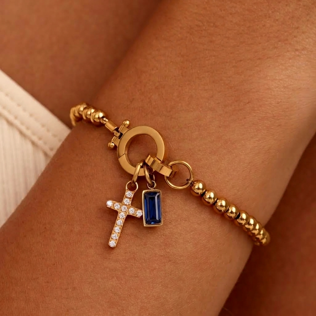 Nova Bead Birthstone Bracelet with Cross Pendant