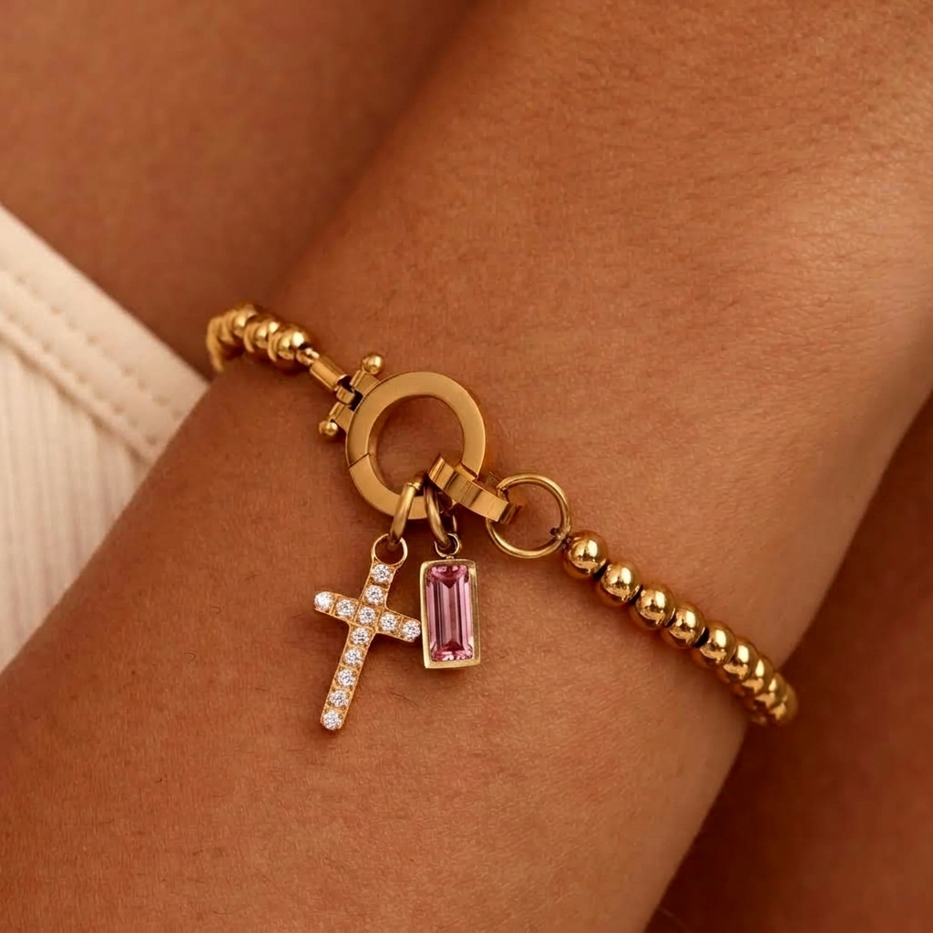 Nova Bead Birthstone Bracelet with Cross Pendant