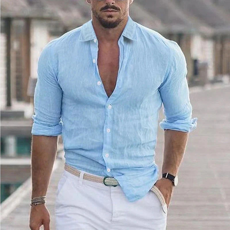Men's Long Sleeve Button-Up Shirt with Turn-Down Collar
