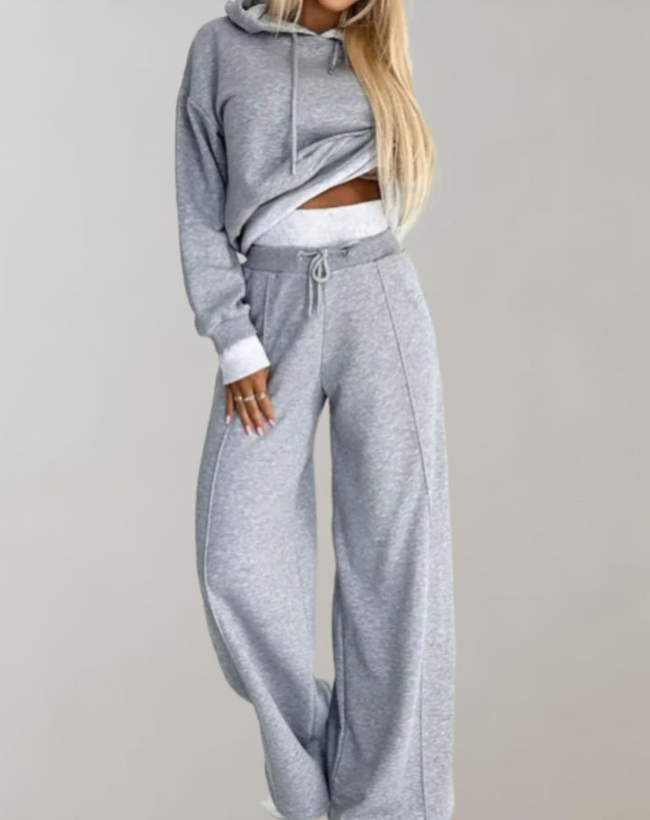 Women's 2-Piece Hoodie and Wide-Leg Trousers Set – Cotton Blend Loungewear