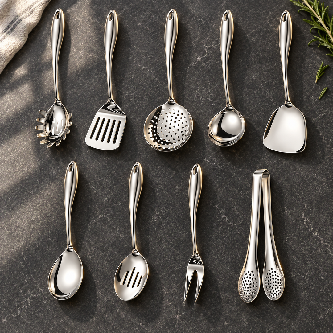 Stainless steel kitchen utensil set with curved handles, 3 to 11 pieces