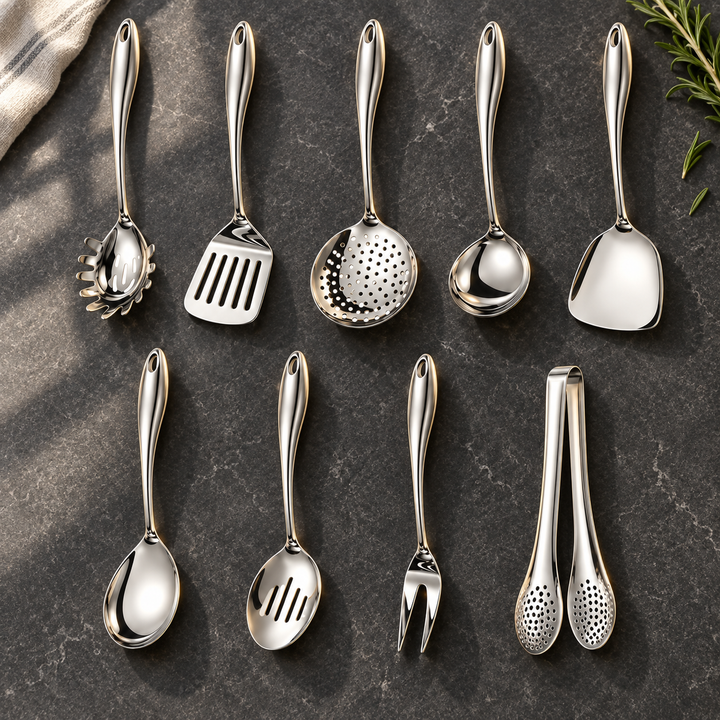 Stainless steel kitchen utensil set with curved handles, 3 to 11 pieces
