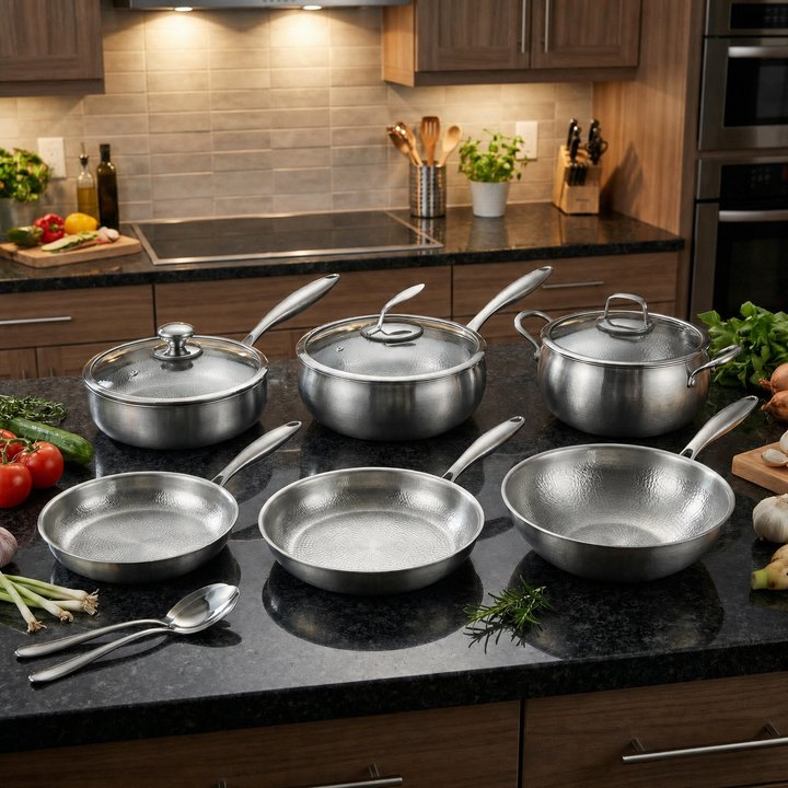 Hand-Hammered Titanium Cookware Set with 3 Lids (10, 11 and 12 inch)