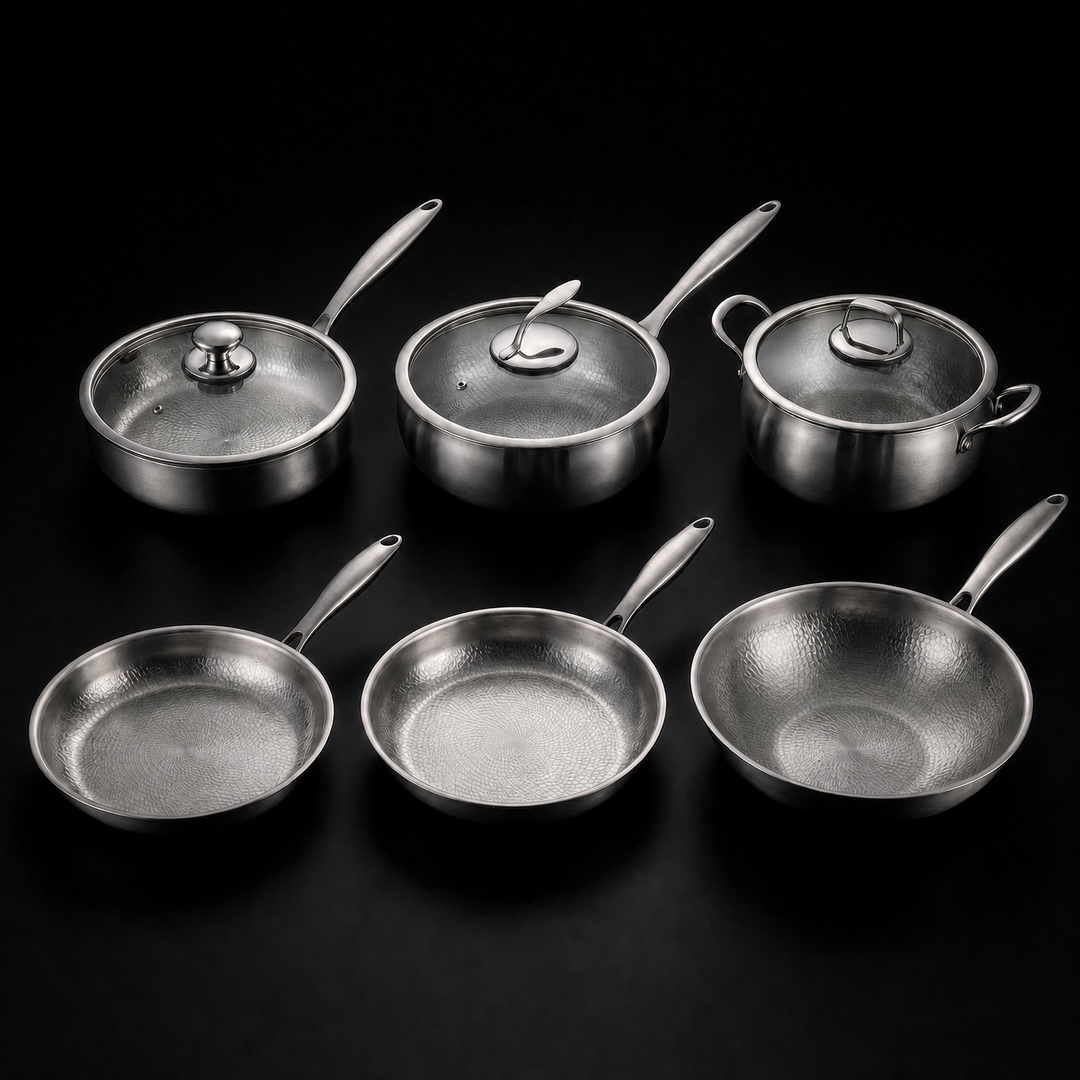 Hand-Hammered Titanium Cookware Set with 3 Lids (10, 11 and 12 inch)