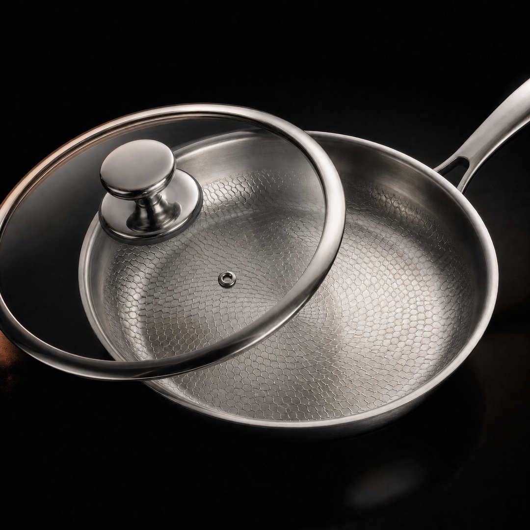 Hand-Hammered Titanium Frying Pan Set with 2 Lids, 5 Sizes (8–12 inch)