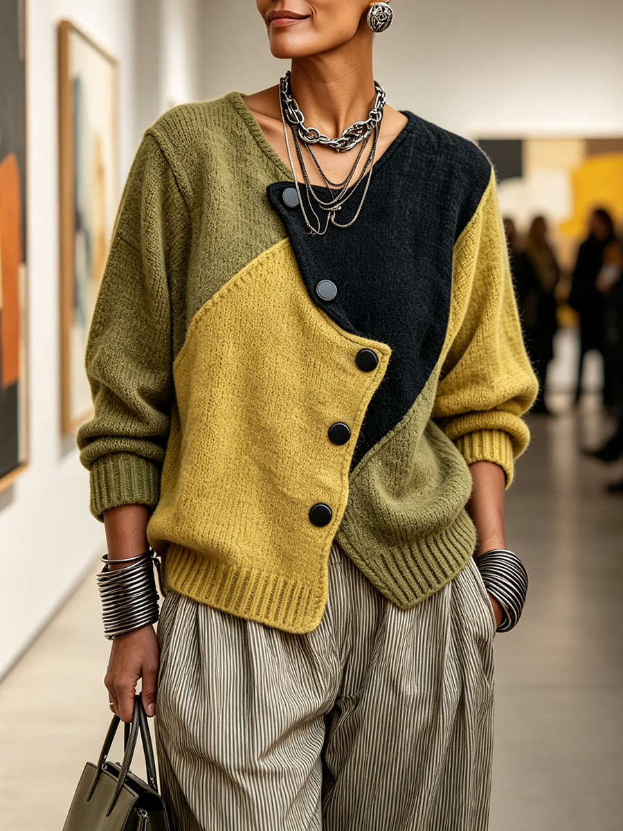Women's Knit Jumper with Asymmetric Buttons in Colour-Block Style
