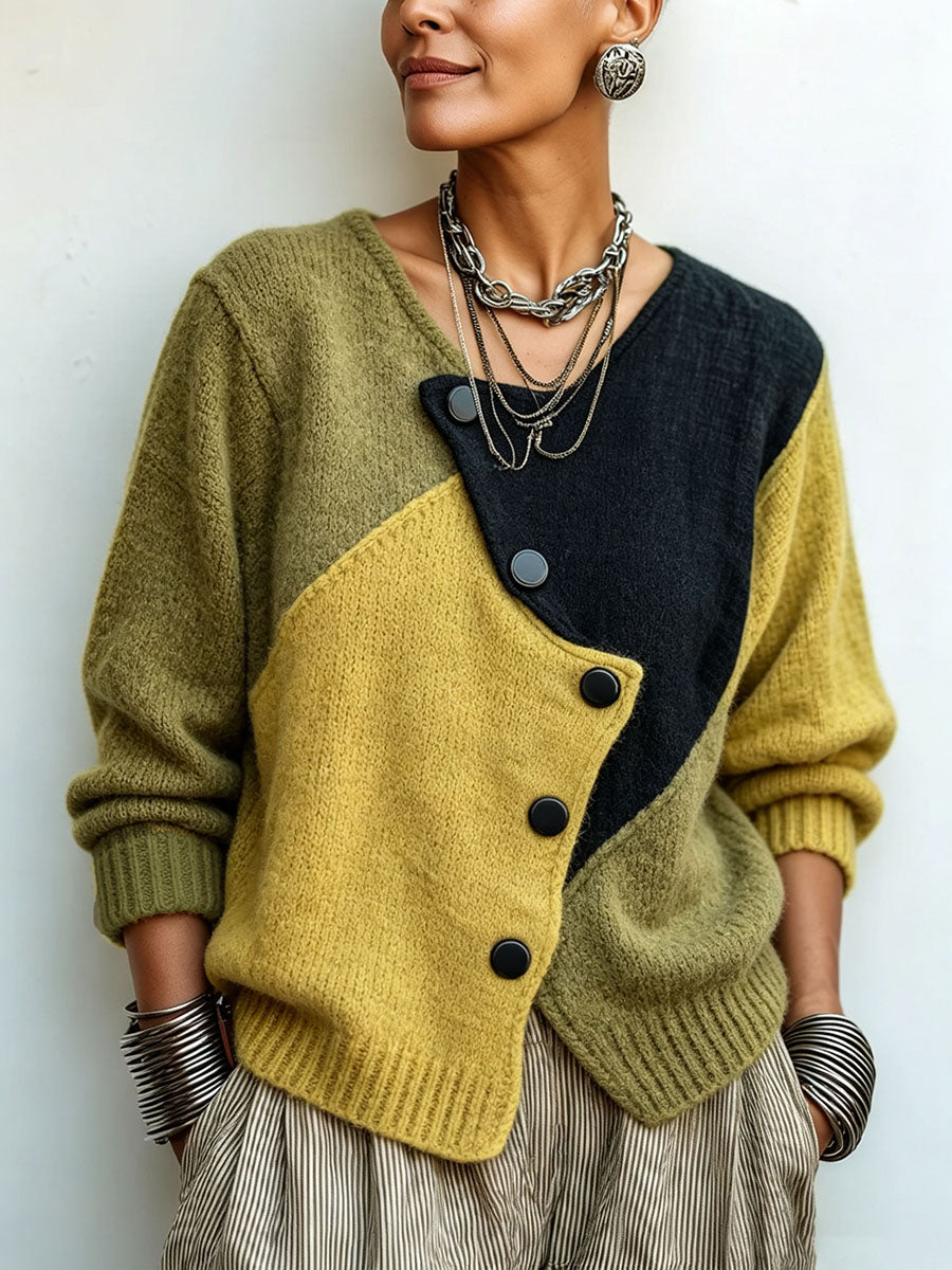 Women's Knit Jumper with Asymmetric Buttons in Colour-Block Style
