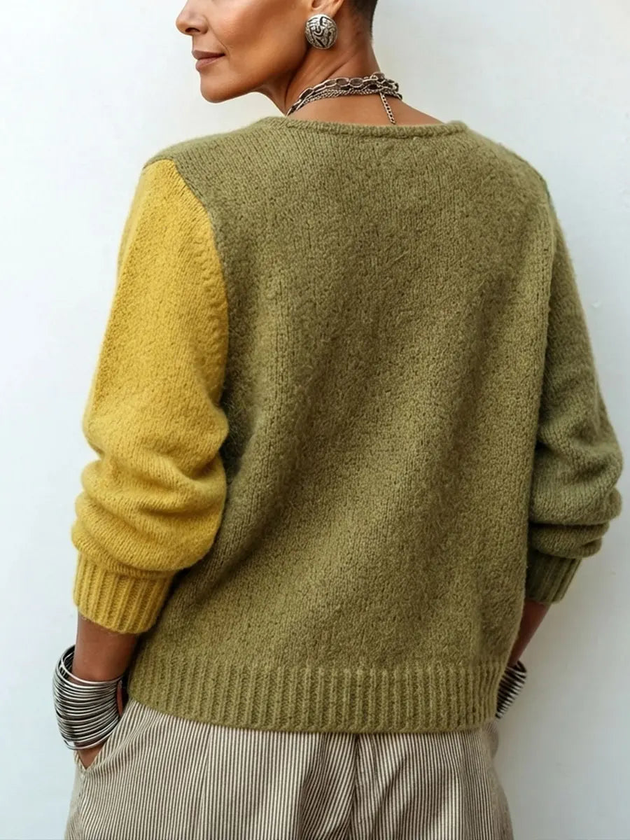 Women's Knit Jumper with Asymmetric Buttons in Colour-Block Style