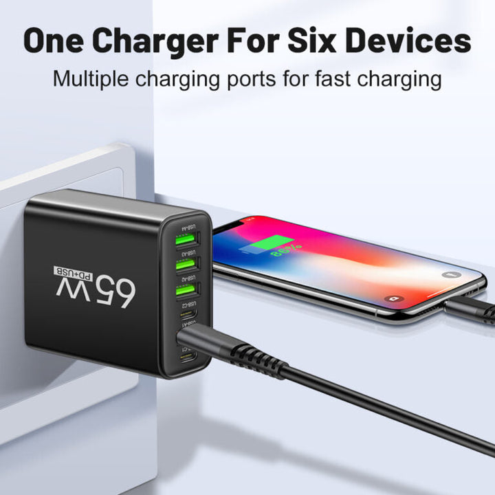 PowerMax 65W 6-in-1 Fast Charger – Charges up to 6 Devices Simultaneously – Ideal for Home, Office and Travel