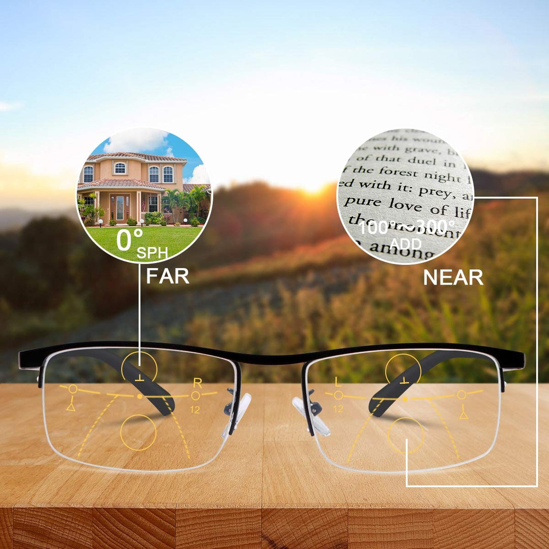 Progressive Reading Glasses Blue Light Blocking Metal Rimless Rectangular Multifocal