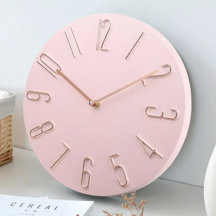 Quiet Modern Silent Round Wall Clock with Raised Wire Numbers and Wood Grain Dial