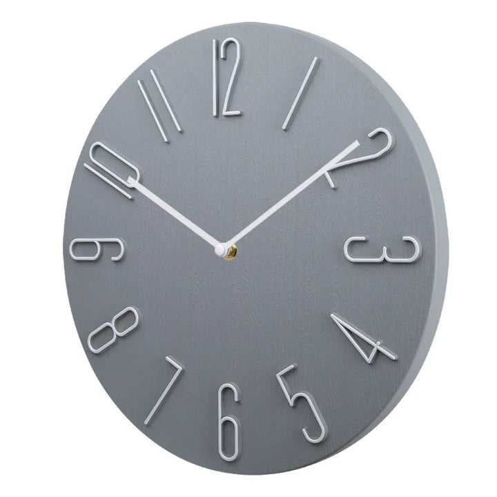 Quiet Modern Silent Round Wall Clock with Raised Wire Numbers and Wood Grain Dial