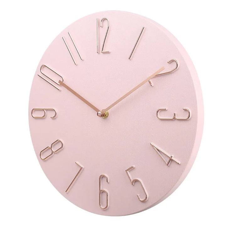 Quiet Modern Silent Round Wall Clock with Raised Wire Numbers and Wood Grain Dial
