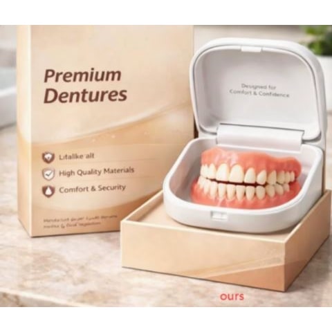 Removable full-arch denture set with flexible cushioned grip for daily use