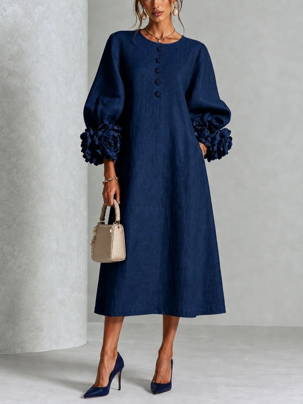 Women's Midi Dress with Floral Cuff Details and A-Line Silhouette