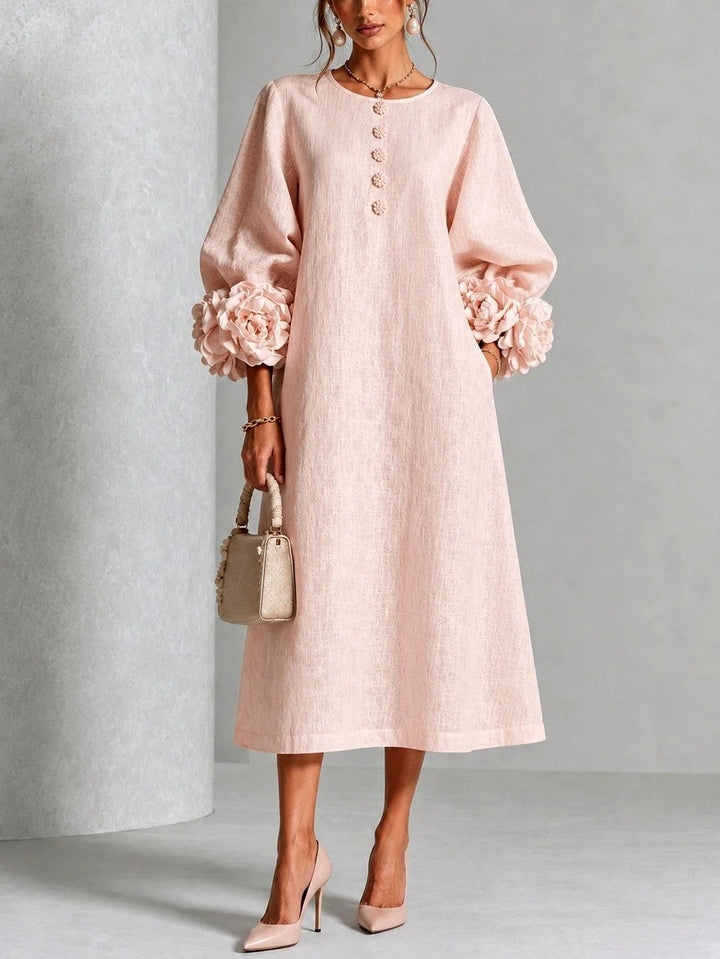 Women's Midi Dress with Floral Cuff Details and A-Line Silhouette