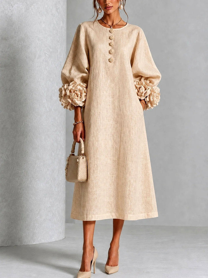 Women's Midi Dress with Floral Cuff Details and A-Line Silhouette
