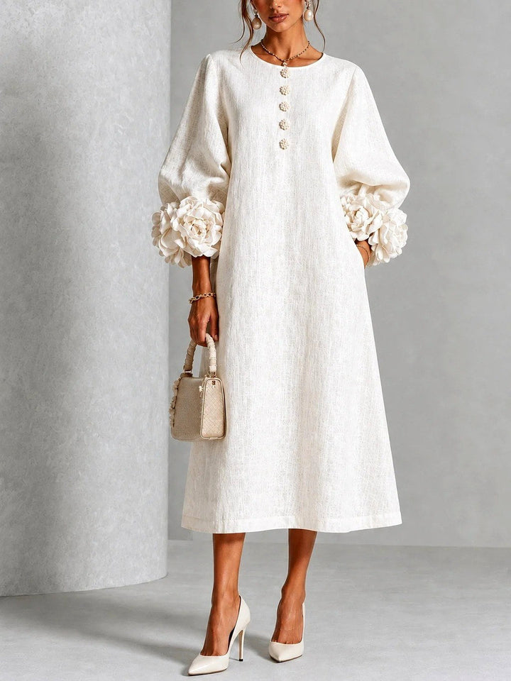 Women's Midi Dress with Floral Cuff Details and A-Line Silhouette