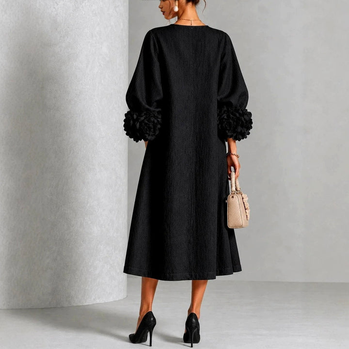 Women's Midi Dress with Floral Cuff Details and A-Line Silhouette