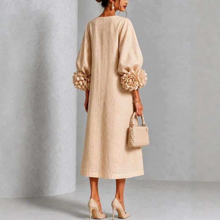 Women's Midi Dress with Floral Cuff Details and A-Line Silhouette
