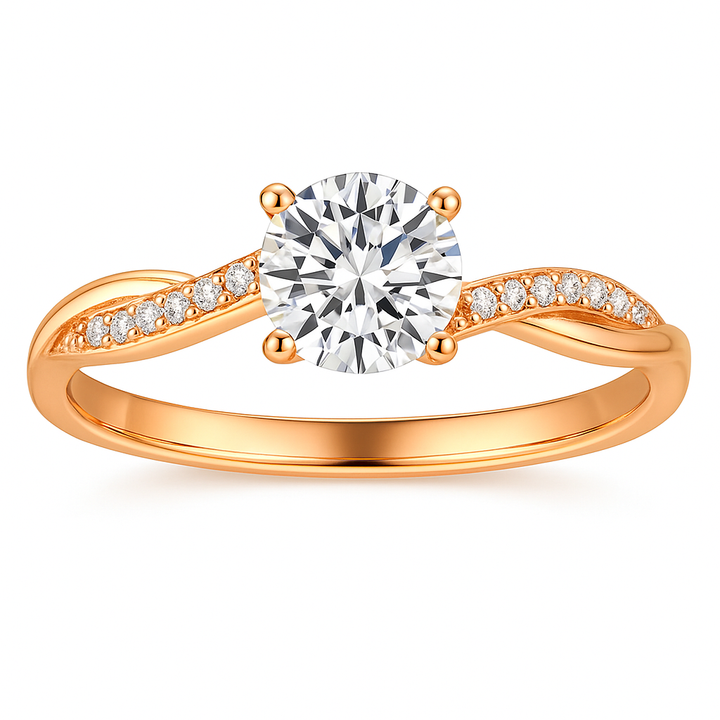 Round Brilliant Twisted Band Solitaire Engagement Ring with Pavé Diamond-Look Accents