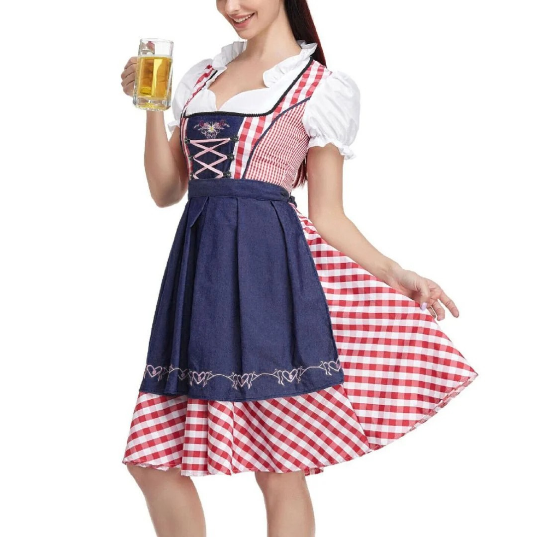 Women's checked dress with lace-up bodice and apron, Oktoberfest midi