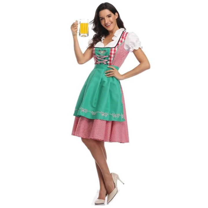 Women's checked dress with lace-up bodice and apron, Oktoberfest midi