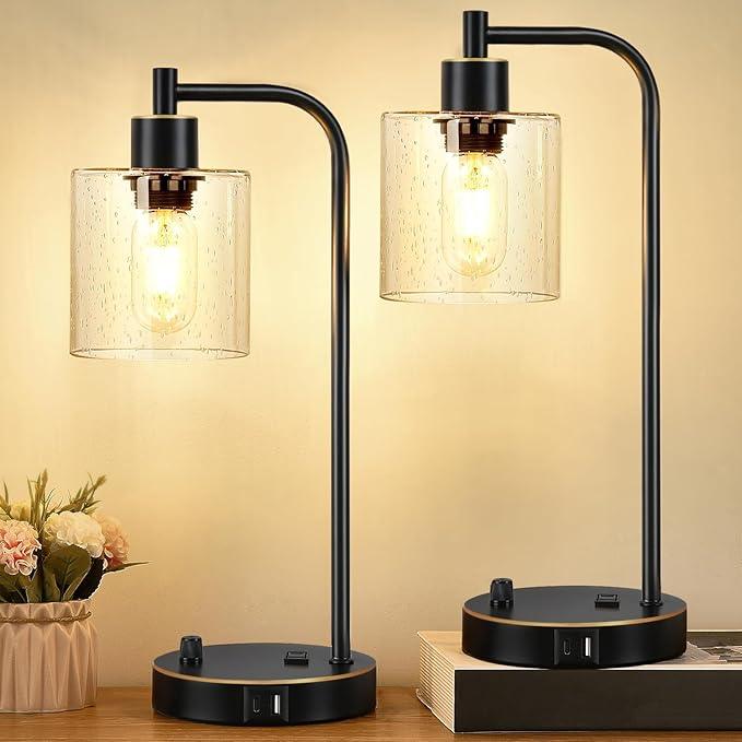 Industrial Table Lamp Set - Dimmable with Charging Ports