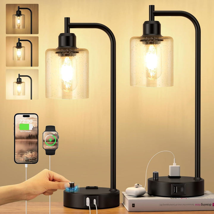 Industrial Table Lamp Set - Dimmable with Charging Ports