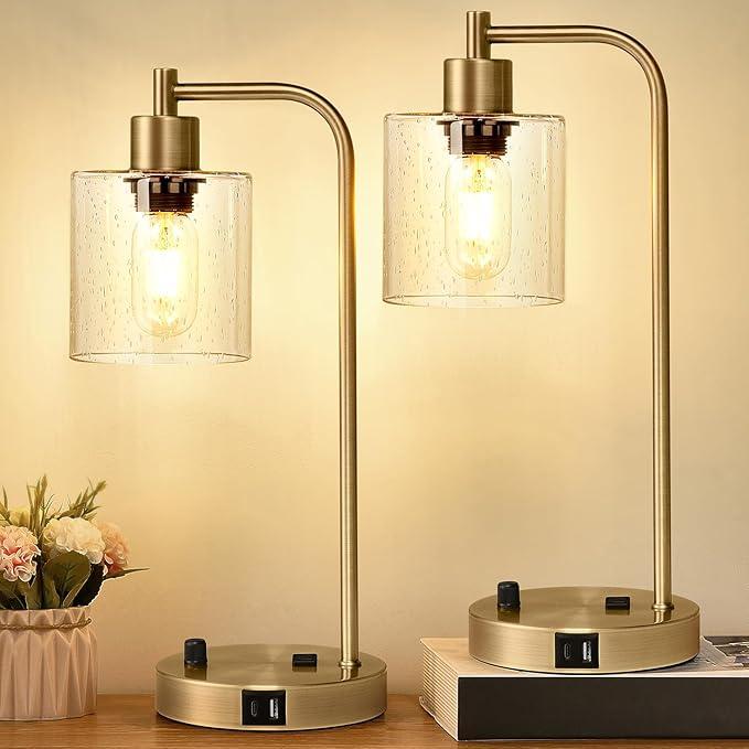 Industrial Table Lamp Set - Dimmable with Charging Ports