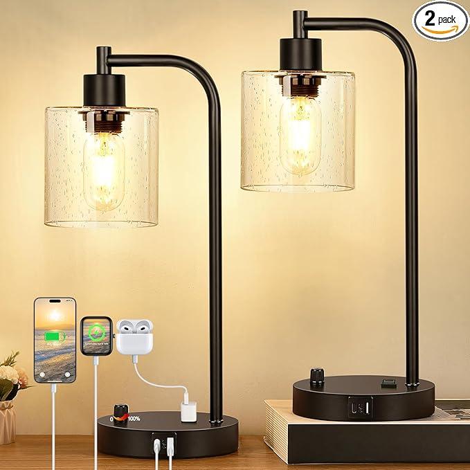 Industrial Table Lamp Set - Dimmable with Charging Ports