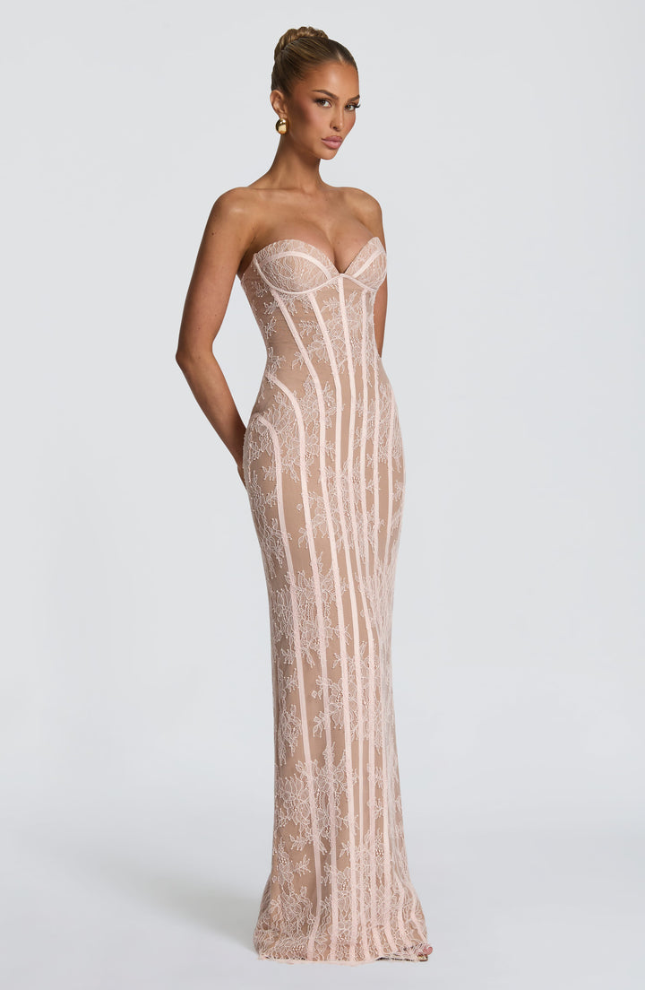 Strapless Floral Lace Maxi Dress with Corset