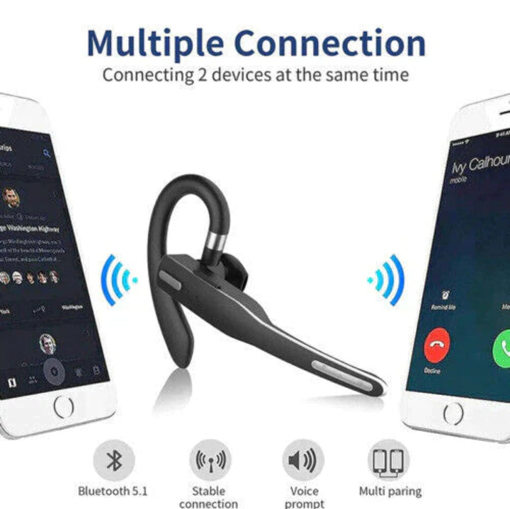 "Sleek black Bluetooth 5.1 noise-cancelling headset for men, featuring dual microphones for clear, hands-free calls."