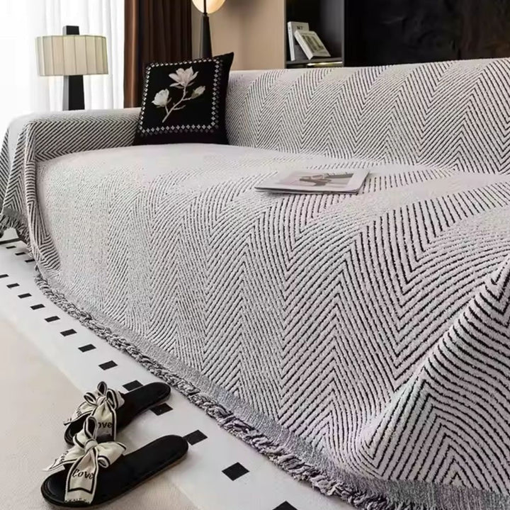 Sofa Throw Blanket Couch Woven Herringbone with Fringed Tassels Decorative