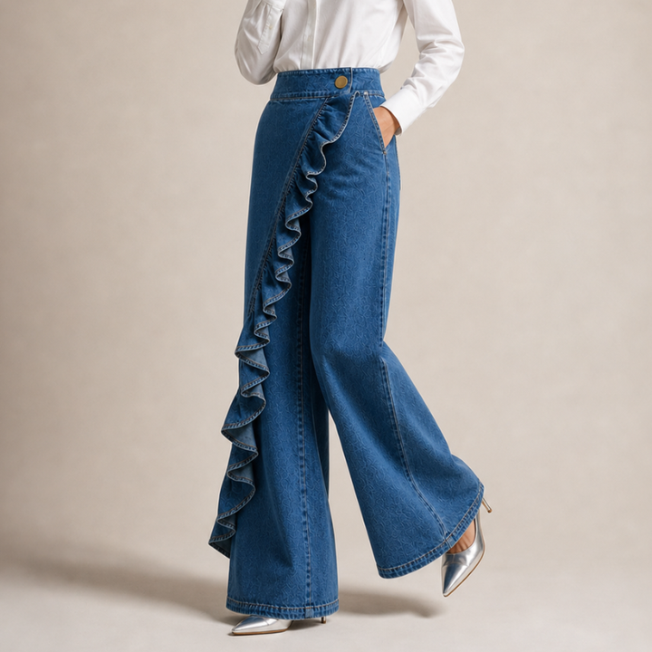 Women's Wide Denim Trousers with Asymmetric Ruffle, Culotte Style