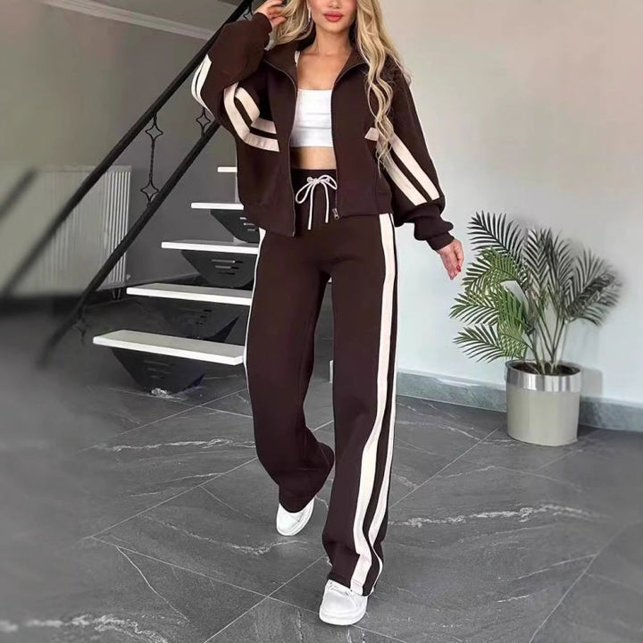 Women's leisure set with zip-up jacket and wide-leg trousers with contrast stripes