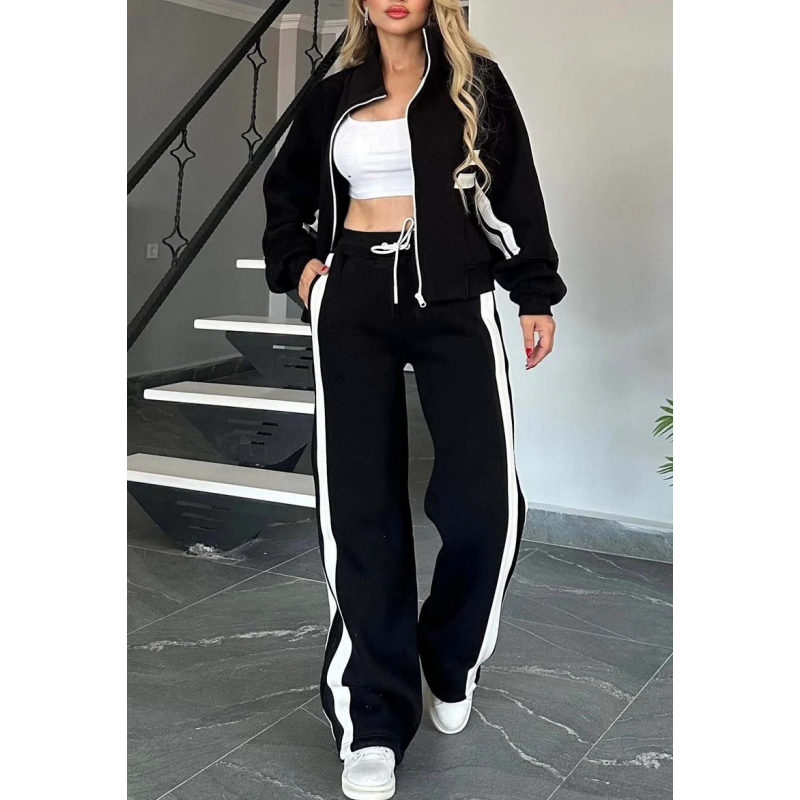 Women's leisure set with zip-up jacket and wide-leg trousers with contrast stripes