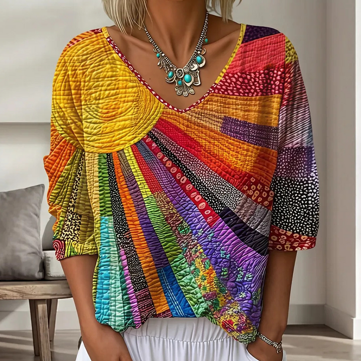 Women's Retro Patchwork Blouse with V-Neck