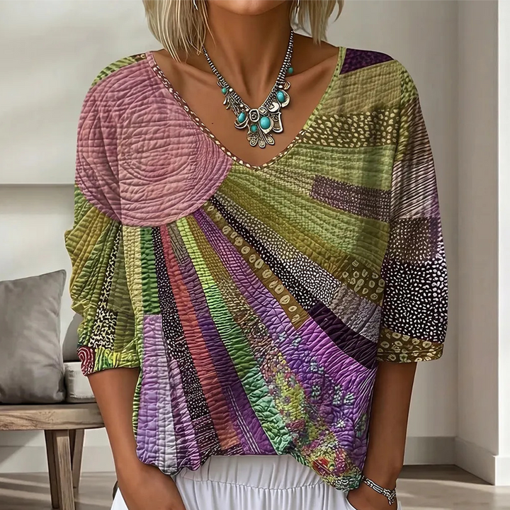 Women's Retro Patchwork Blouse with V-Neck