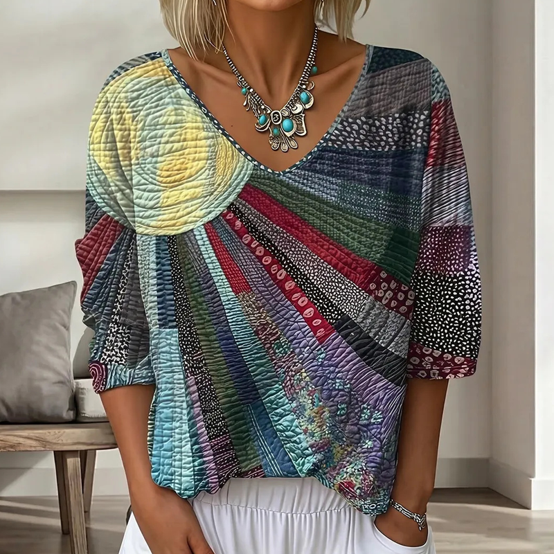 Women's Retro Patchwork Blouse with V-Neck